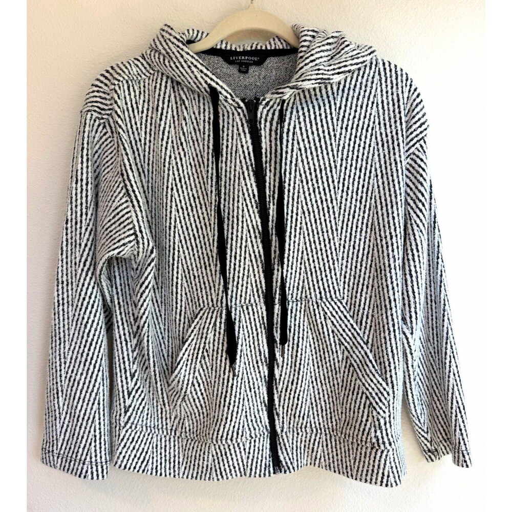 Liverpool Los Angeles Black/White Knit Striped Full Zip Hooded Hoodie Women's S